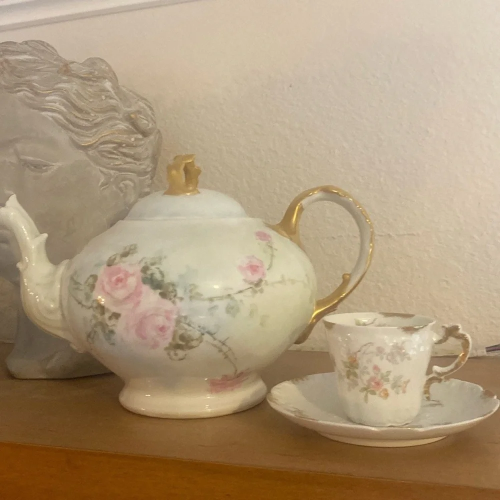 2pc Limoges Floral Teacup and Saucer Set with Gold‎ Accents